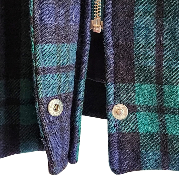 Vintage Lands End Wool Blend Duffle Coat Women L/XL Navy Green Tartan Plaid Hood - Picture 8 of 13